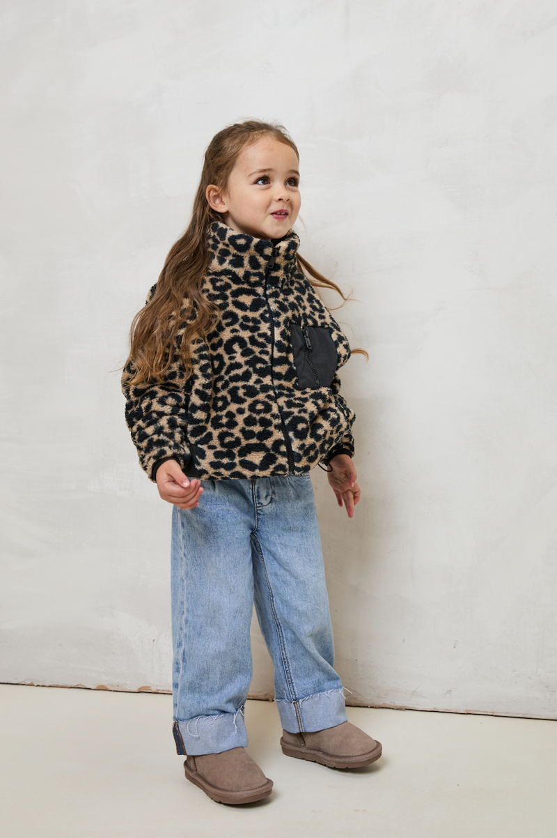 MINI TEDDY FLEECE ZIP JACKET IN LEOPARD