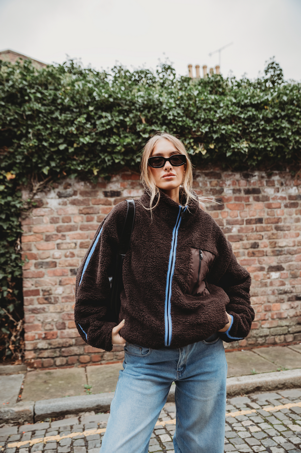 TEDDY FLEECE ZIP JACKET IN DARK CHOCOLATE