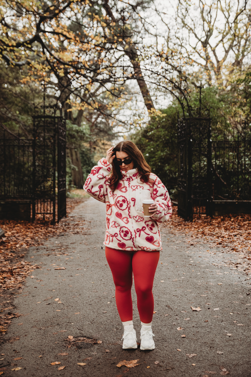TEDDY FLEECE ZIP JACKET IN RED ICONS
