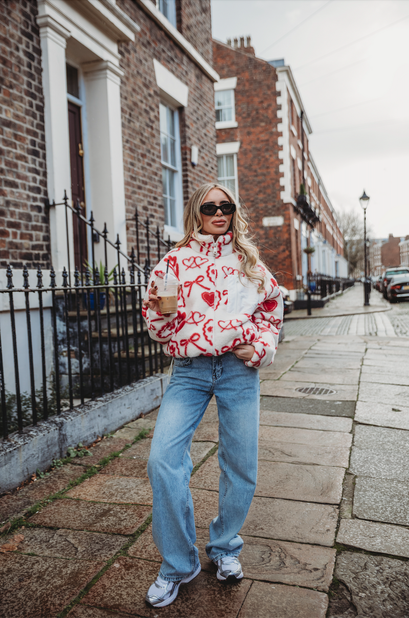 TEDDY FLEECE ZIP JACKET IN RED ICONS
