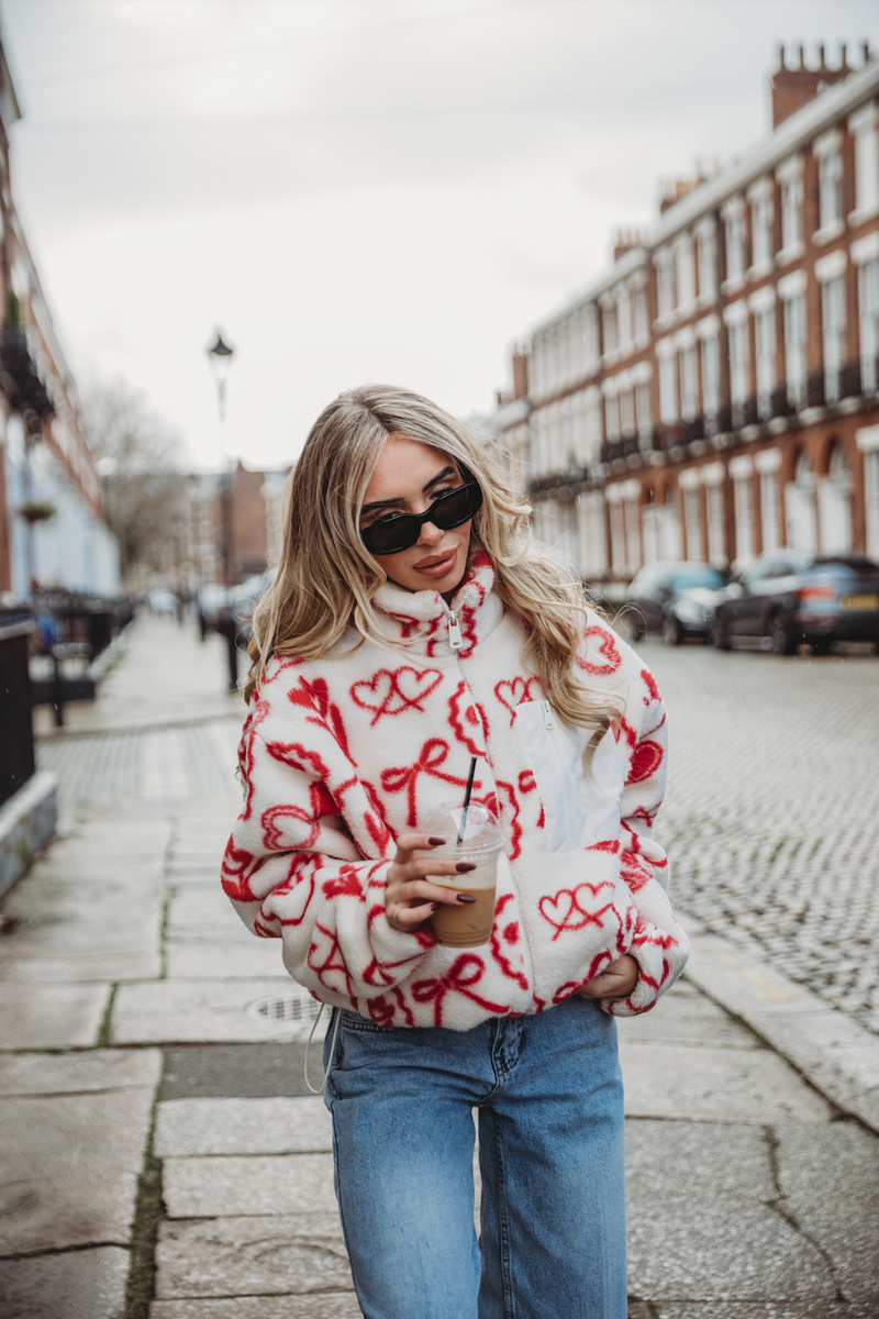 TEDDY FLEECE ZIP JACKET IN RED ICONS